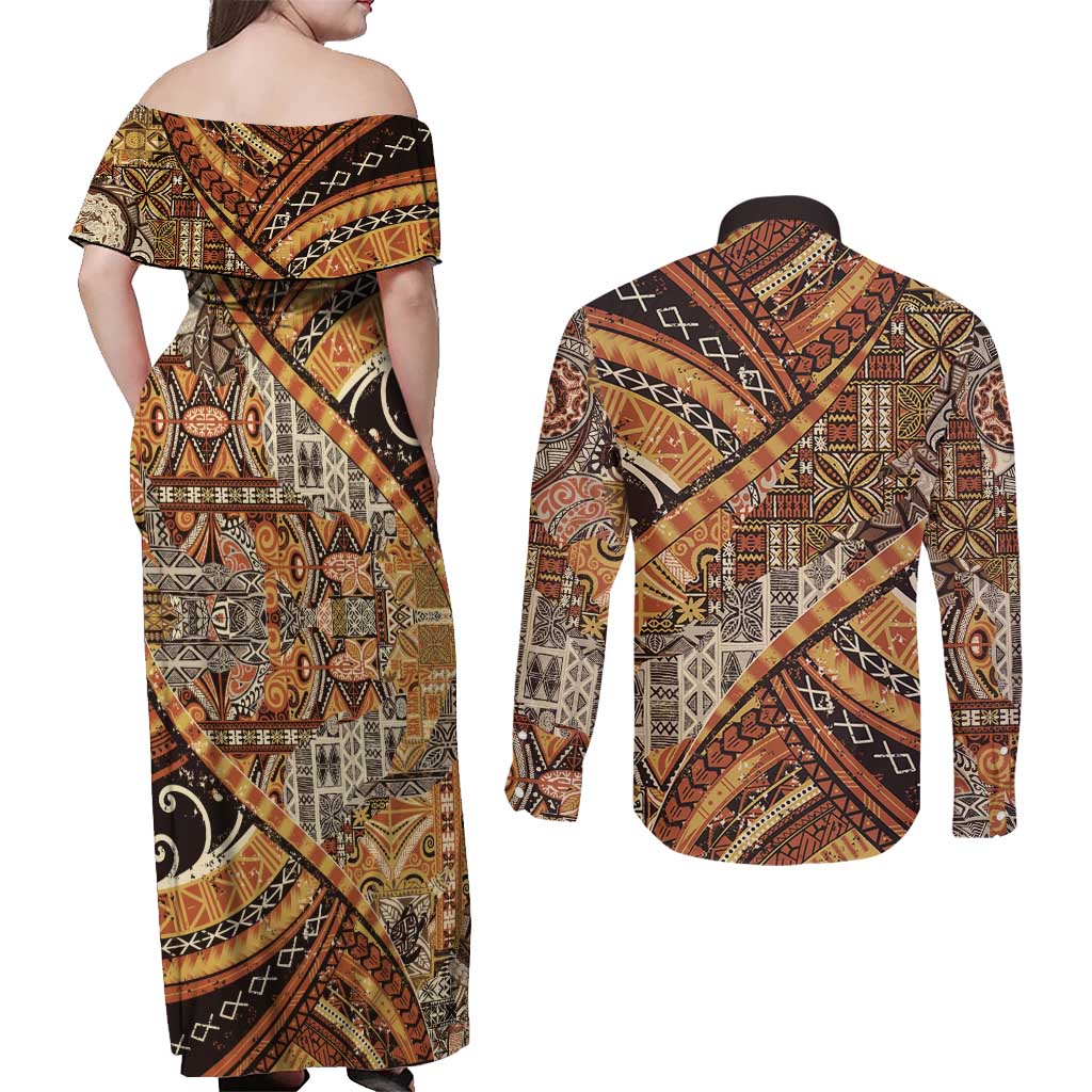 Hawaiian Style Tapa Couples Matching Off Shoulder Maxi Dress and Long Sleeve Button Shirt Vintage Seamless Pattern LT9 - Polynesian Pride