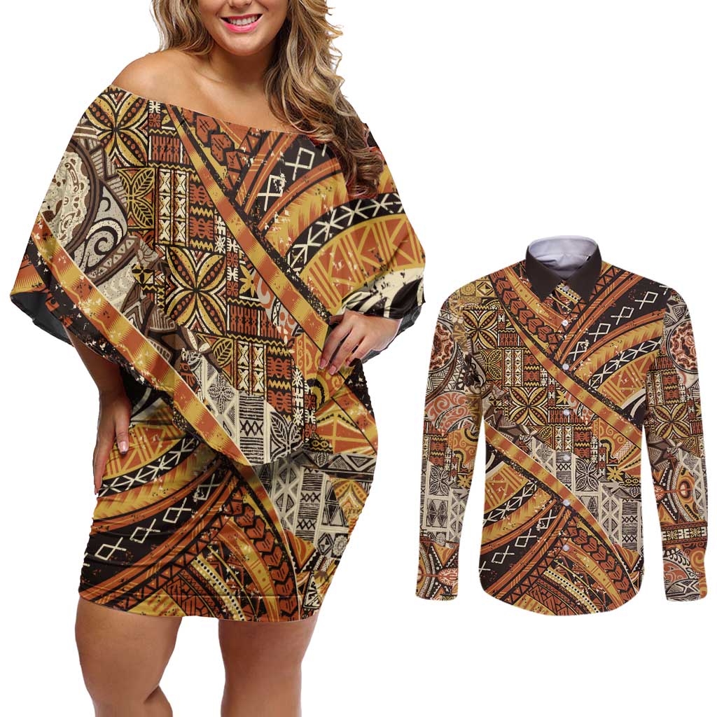 Hawaiian Style Tapa Couples Matching Off Shoulder Short Dress and Long Sleeve Button Shirt Vintage Seamless Pattern - Polynesian Pride