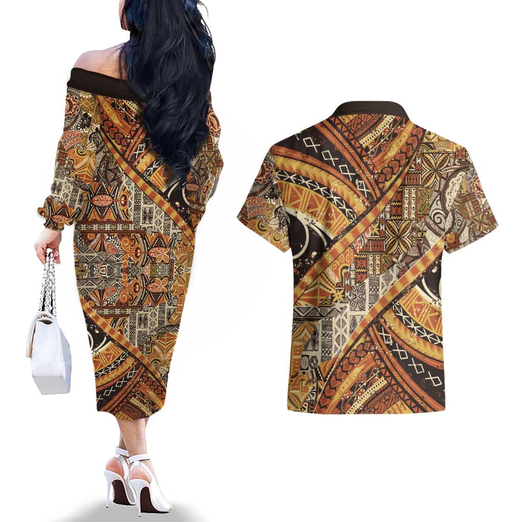 Hawaiian Style Tapa Couples Matching Off The Shoulder Long Sleeve Dress and Hawaiian Shirt Vintage Seamless Pattern - Polynesian Pride