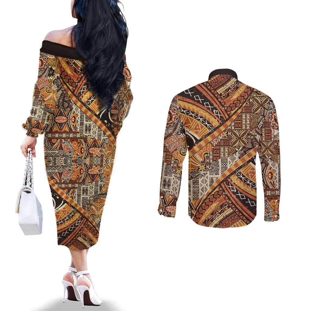 Hawaiian Style Tapa Couples Matching Off The Shoulder Long Sleeve Dress and Long Sleeve Button Shirt Vintage Seamless Pattern - Polynesian Pride