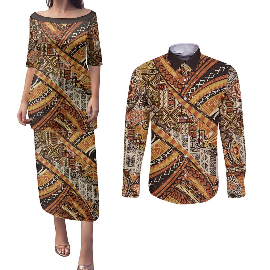 Hawaiian Style Tapa Couples Matching Puletasi and Long Sleeve Button Shirt Vintage Seamless Pattern - Polynesian Pride