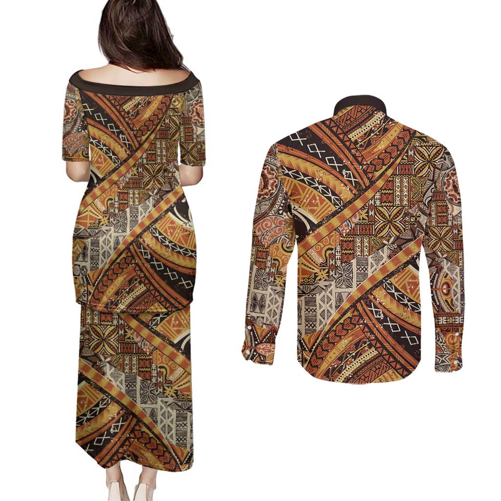 Hawaiian Style Tapa Couples Matching Puletasi and Long Sleeve Button Shirt Vintage Seamless Pattern - Polynesian Pride