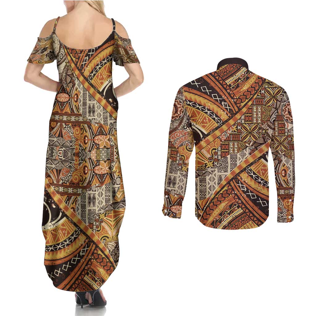 Hawaiian Style Tapa Couples Matching Summer Maxi Dress and Long Sleeve Button Shirt Vintage Seamless Pattern - Polynesian Pride