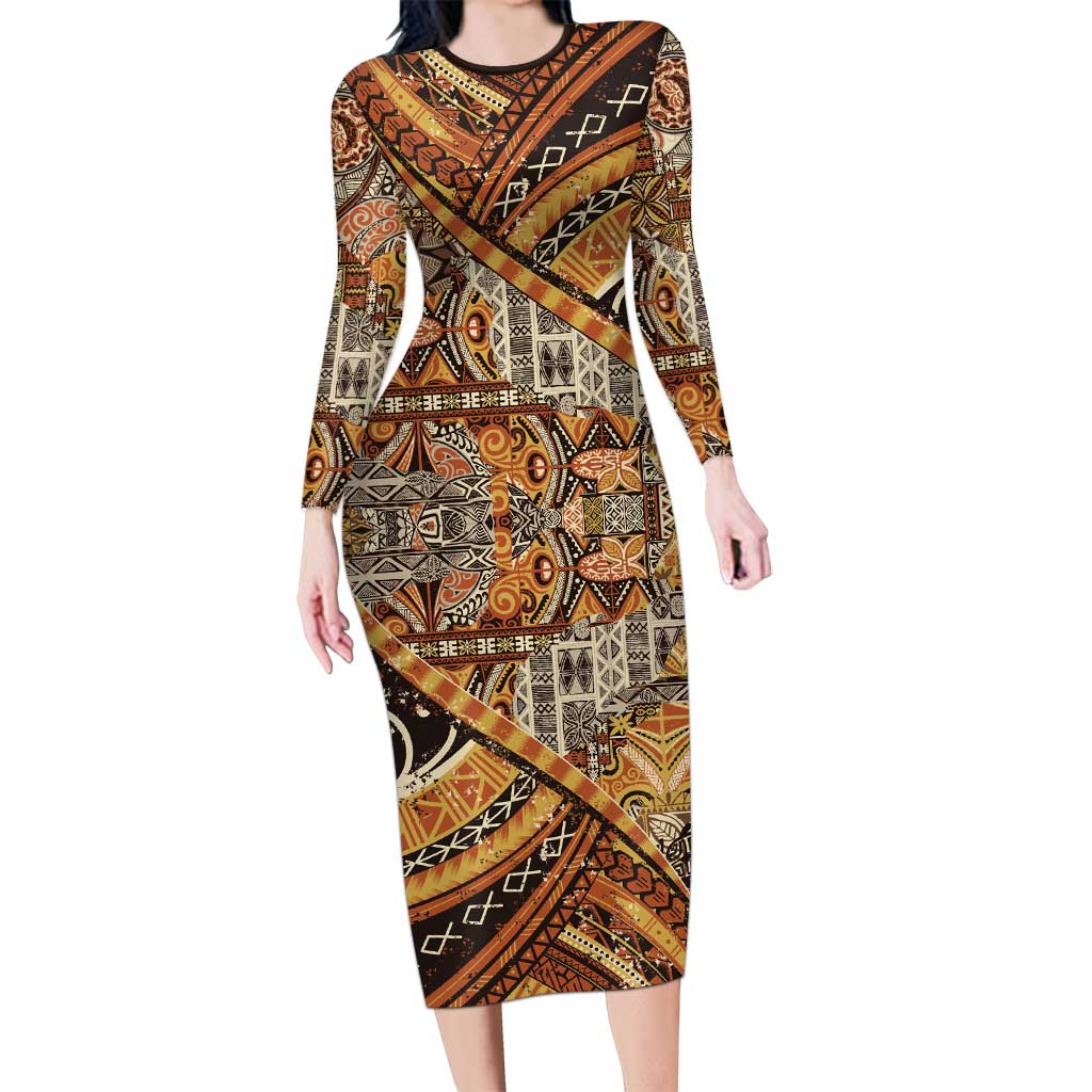 Hawaiian Style Tapa Family Matching Long Sleeve Bodycon Dress and Hawaiian Shirt Vintage Seamless Pattern - Polynesian Pride
