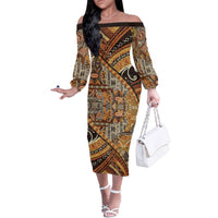 Hawaiian Style Tapa Family Matching Off The Shoulder Long Sleeve Dress and Hawaiian Shirt Vintage Seamless Pattern LT9 Mom's Dress Red - Polynesian Pride