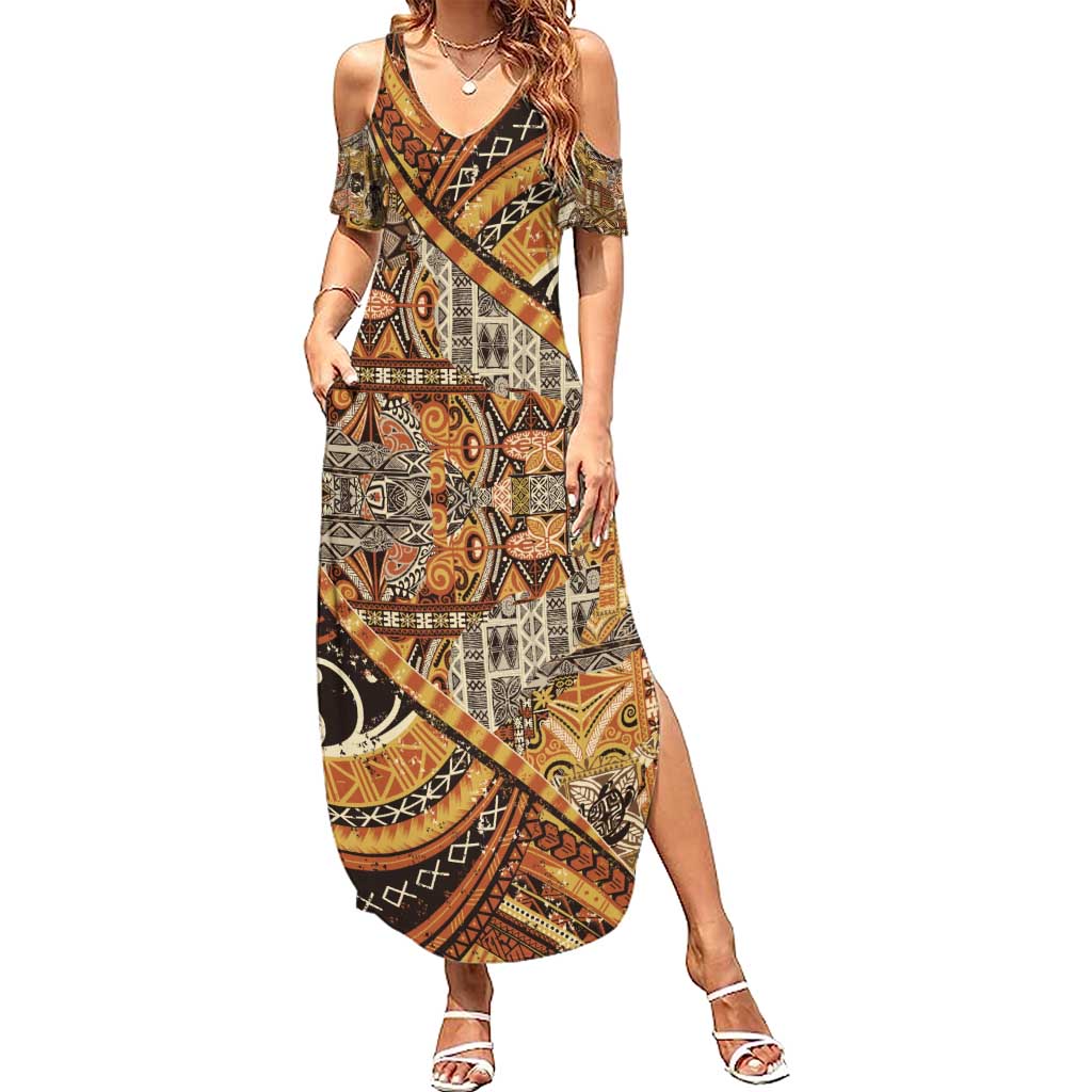 Hawaiian Style Tapa Family Matching Summer Maxi Dress and Hawaiian Shirt Vintage Seamless Pattern - Polynesian Pride