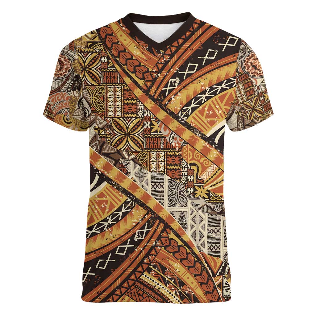 Hawaiian Style Tapa Women V-Neck T-Shirt Vintage Seamless Pattern - Polynesian Pride