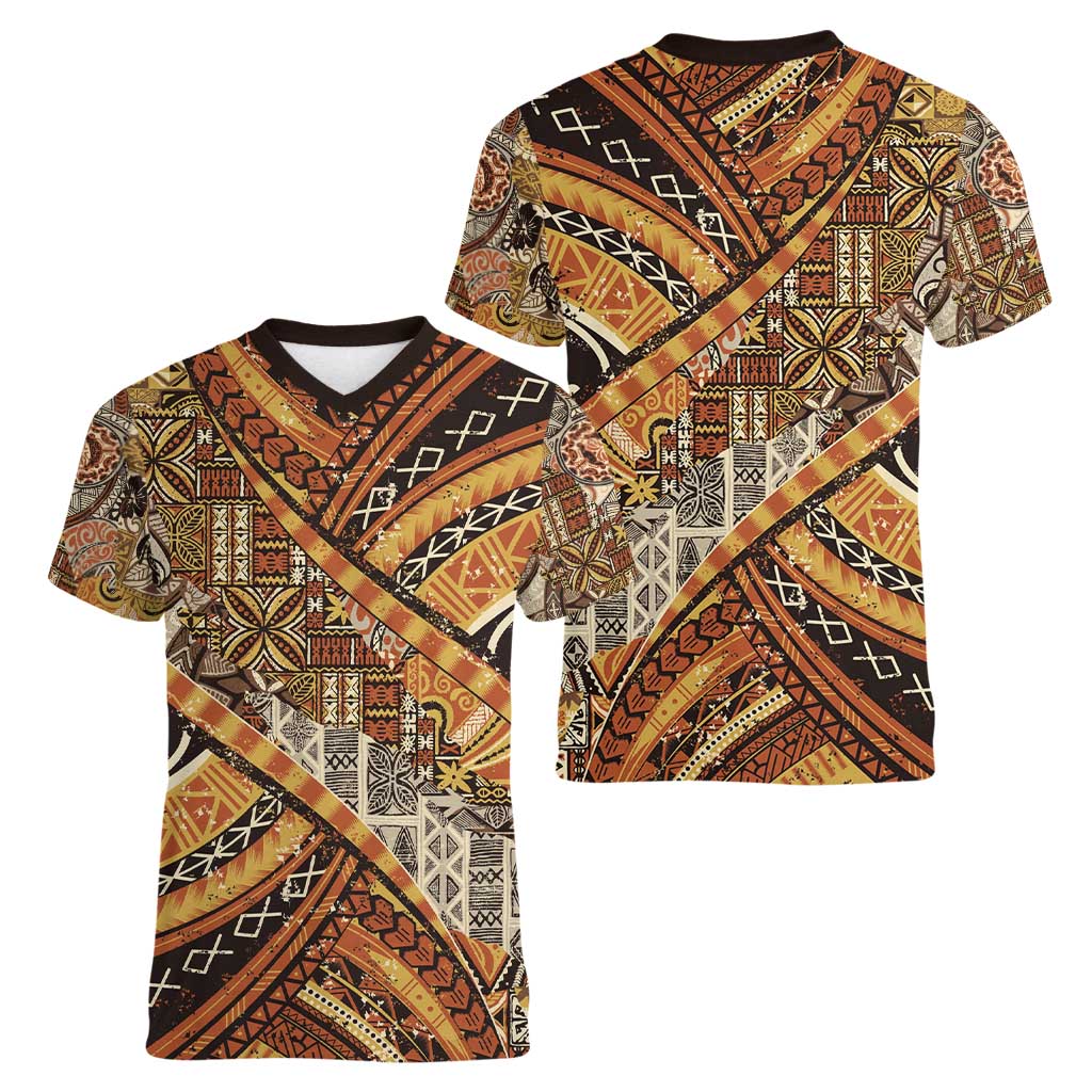 Hawaiian Style Tapa Women V-Neck T-Shirt Vintage Seamless Pattern - Polynesian Pride