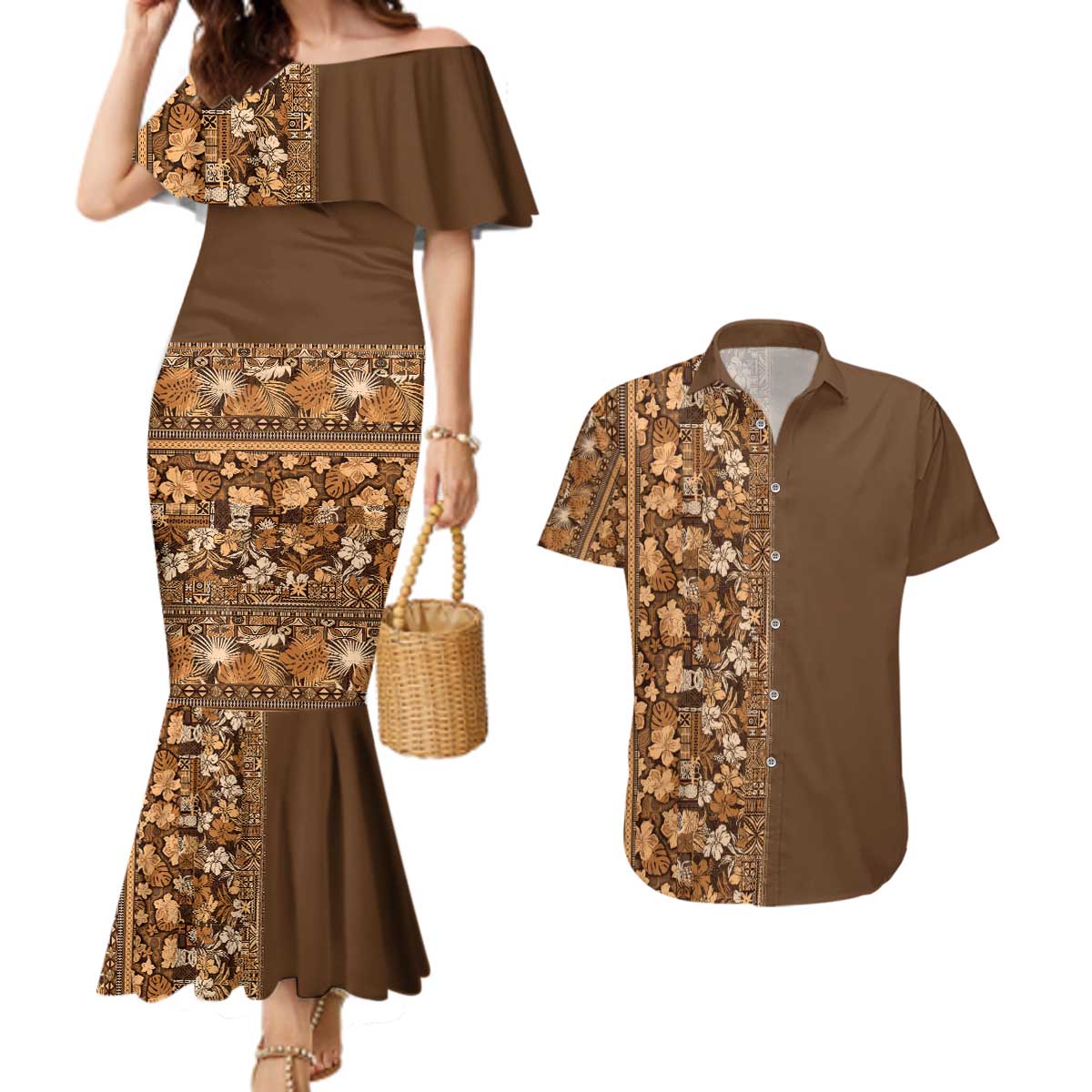 Hawaiian Tribal Elements Hibiscus Couples Matching Mermaid Dress and Hawaiian Shirt Gold Pattern LT9 Gold - Polynesian Pride