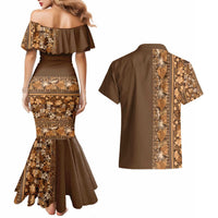 Hawaiian Tribal Elements Hibiscus Couples Matching Mermaid Dress and Hawaiian Shirt Gold Pattern LT9 - Polynesian Pride