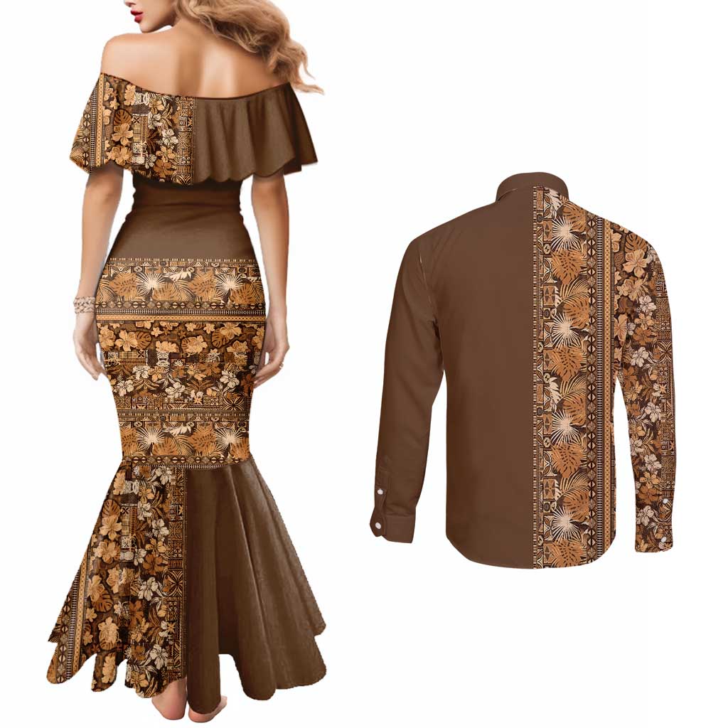 Hawaiian Tribal Elements Hibiscus Couples Matching Mermaid Dress and Long Sleeve Button Shirt Gold Pattern - Polynesian Pride