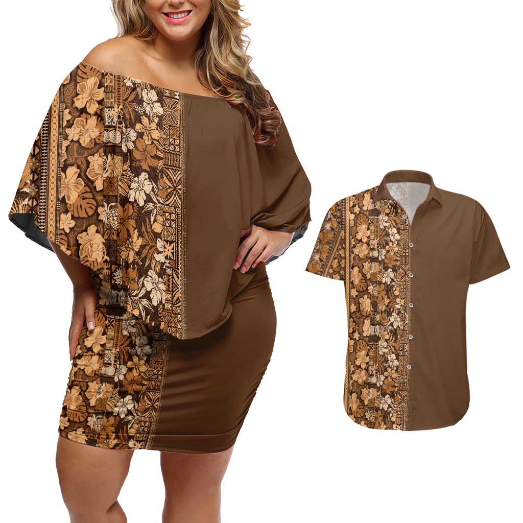 Hawaiian Tribal Elements Hibiscus Couples Matching Off Shoulder Short Dress and Hawaiian Shirt Gold Pattern LT9 Gold - Polynesian Pride