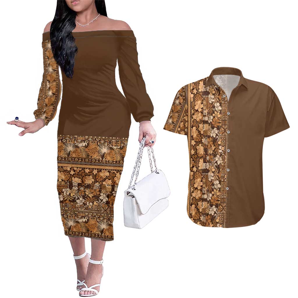 Hawaiian Tribal Elements Hibiscus Couples Matching Off The Shoulder Long Sleeve Dress and Hawaiian Shirt Gold Pattern LT9 Gold - Polynesian Pride