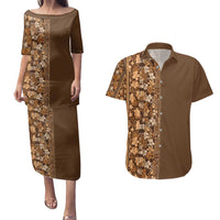 Hawaiian Tribal Elements Hibiscus Couples Matching Puletasi and Hawaiian Shirt Gold Pattern - Polynesian Pride