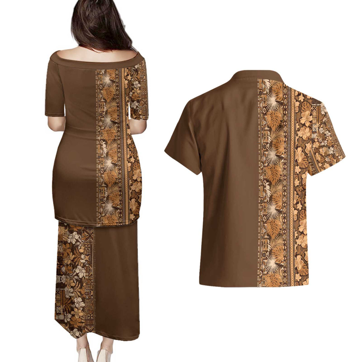 Hawaiian Tribal Elements Hibiscus Couples Matching Puletasi and Hawaiian Shirt Gold Pattern - Polynesian Pride