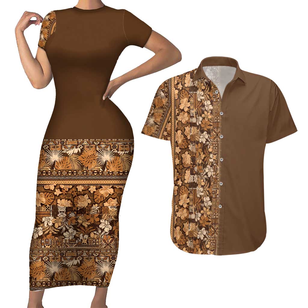 Hawaiian Tribal Elements Hibiscus Couples Matching Short Sleeve Bodycon Dress and Hawaiian Shirt Gold Pattern LT9 Gold - Polynesian Pride