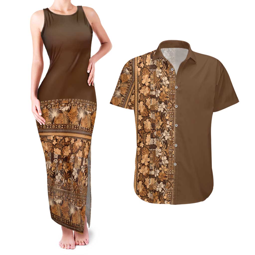 Hawaiian Tribal Elements Hibiscus Couples Matching Tank Maxi Dress and Hawaiian Shirt Gold Pattern LT9 Gold - Polynesian Pride