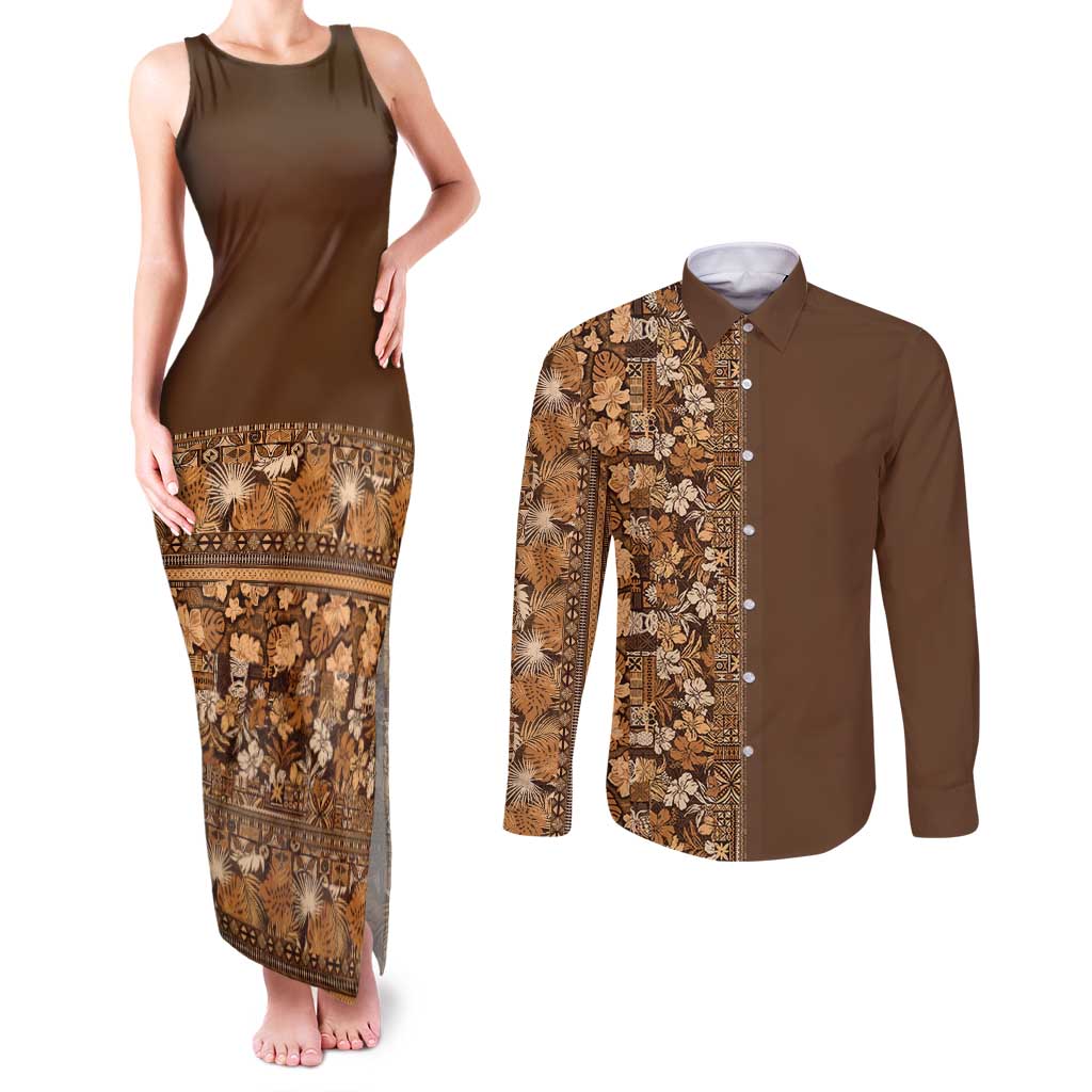 Hawaiian Tribal Elements Hibiscus Couples Matching Tank Maxi Dress and Long Sleeve Button Shirt Gold Pattern - Polynesian Pride
