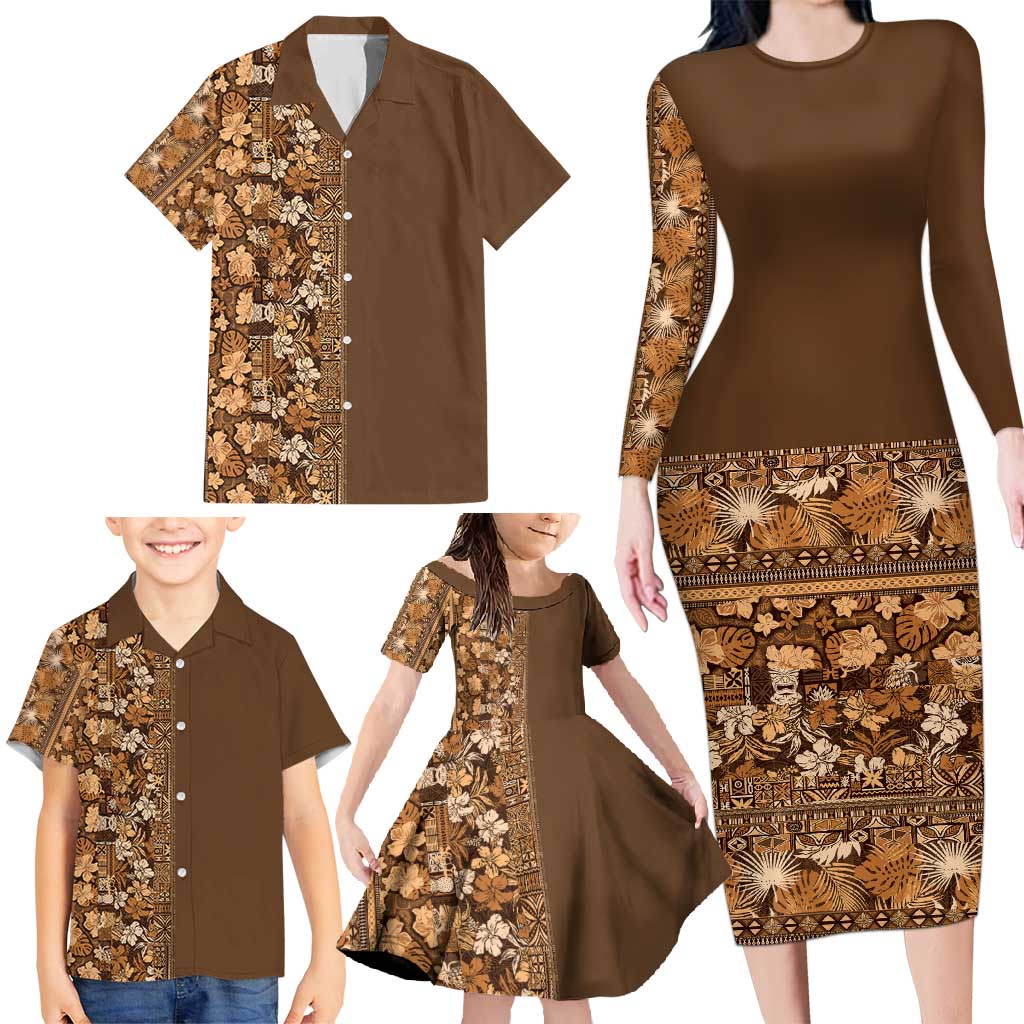 Hawaiian Tribal Elements Hibiscus Family Matching Long Sleeve Bodycon Dress and Hawaiian Shirt Gold Pattern LT9 - Polynesian Pride