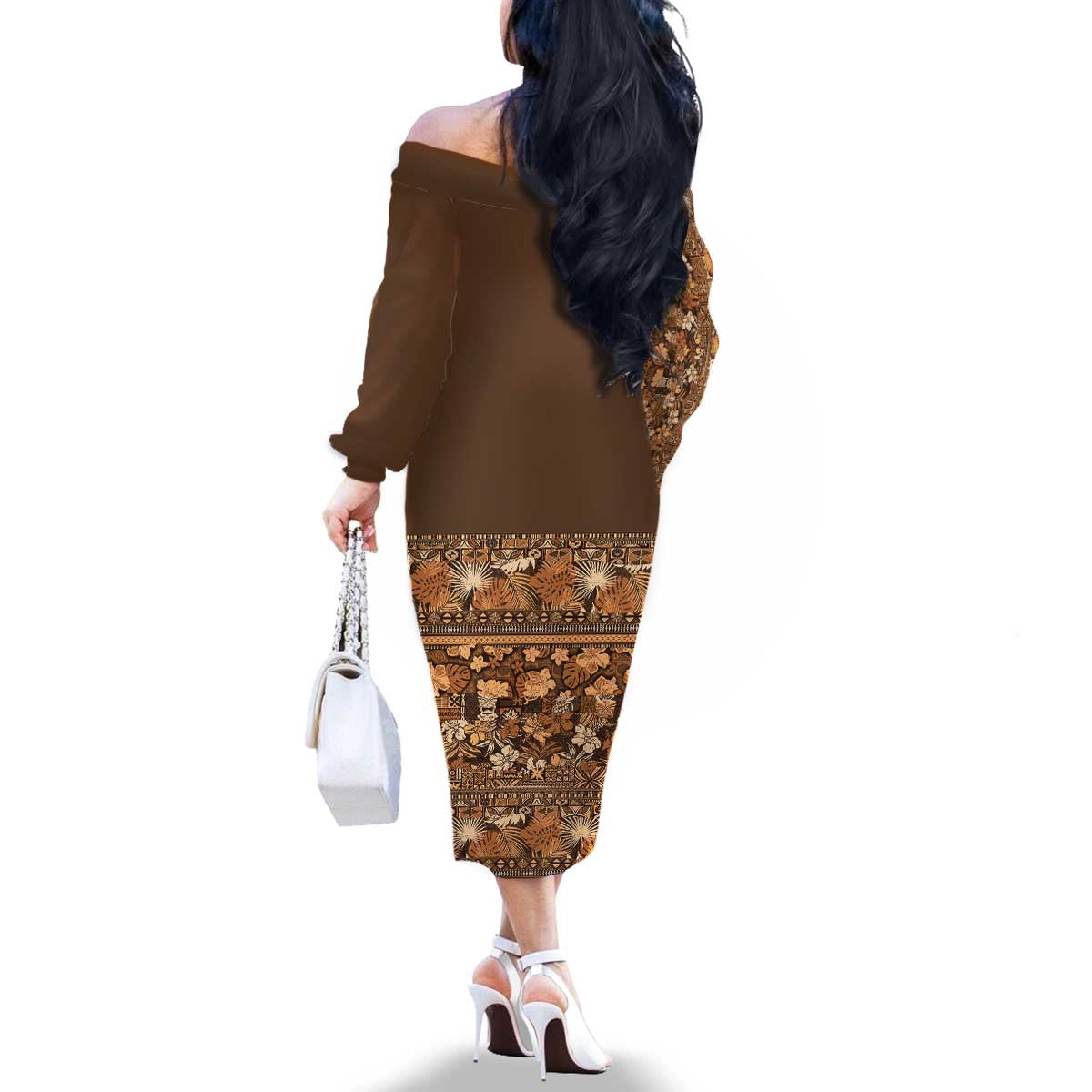 Hawaiian Tribal Elements Hibiscus Family Matching Off The Shoulder Long Sleeve Dress and Hawaiian Shirt Gold Pattern - Polynesian Pride