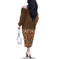 Hawaiian Tribal Elements Hibiscus Family Matching Off The Shoulder Long Sleeve Dress and Hawaiian Shirt Gold Pattern - Polynesian Pride