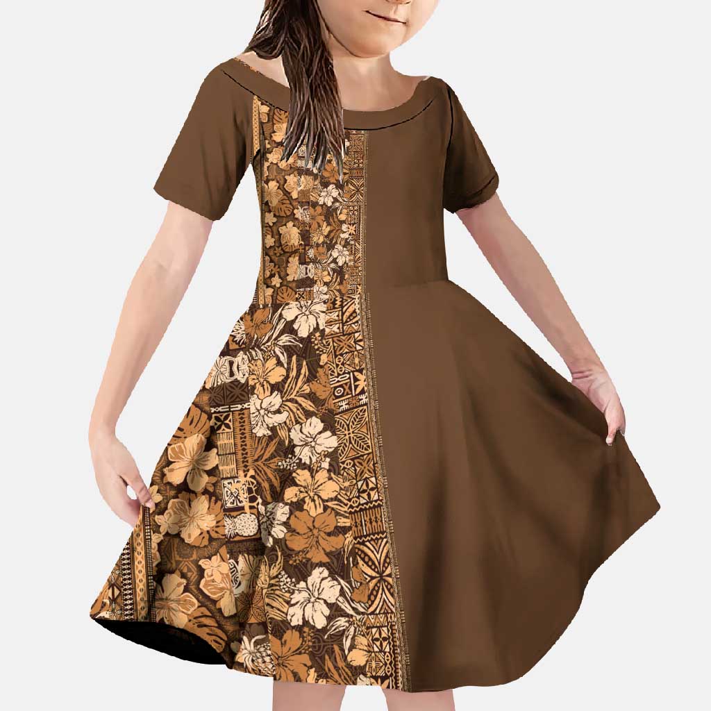 Hawaiian Tribal Elements Hibiscus Family Matching Off Shoulder Maxi Dress and Hawaiian Shirt Gold Pattern - Polynesian Pride