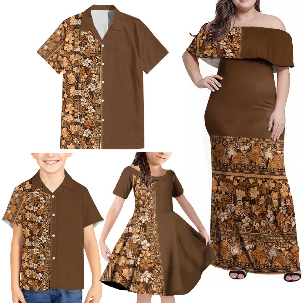 Hawaiian Tribal Elements Hibiscus Family Matching Off Shoulder Maxi Dress and Hawaiian Shirt Gold Pattern LT9 - Polynesian Pride