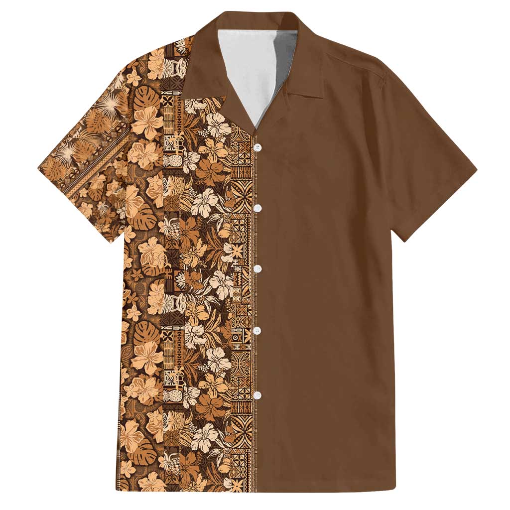 Hawaiian Tribal Elements Hibiscus Family Matching Off Shoulder Short Dress and Hawaiian Shirt Gold Pattern - Polynesian Pride