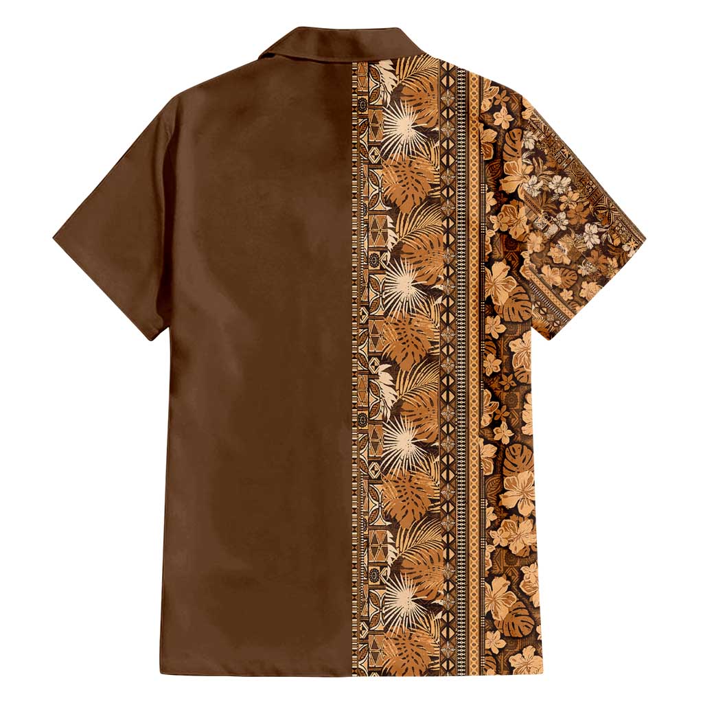 Hawaiian Tribal Elements Hibiscus Family Matching Off Shoulder Short Dress and Hawaiian Shirt Gold Pattern - Polynesian Pride