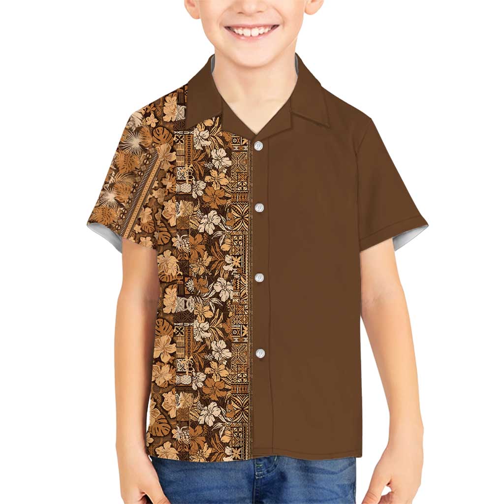 Hawaiian Tribal Elements Hibiscus Family Matching Off Shoulder Short Dress and Hawaiian Shirt Gold Pattern - Polynesian Pride