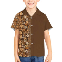 Hawaiian Tribal Elements Hibiscus Family Matching Off Shoulder Short Dress and Hawaiian Shirt Gold Pattern - Polynesian Pride