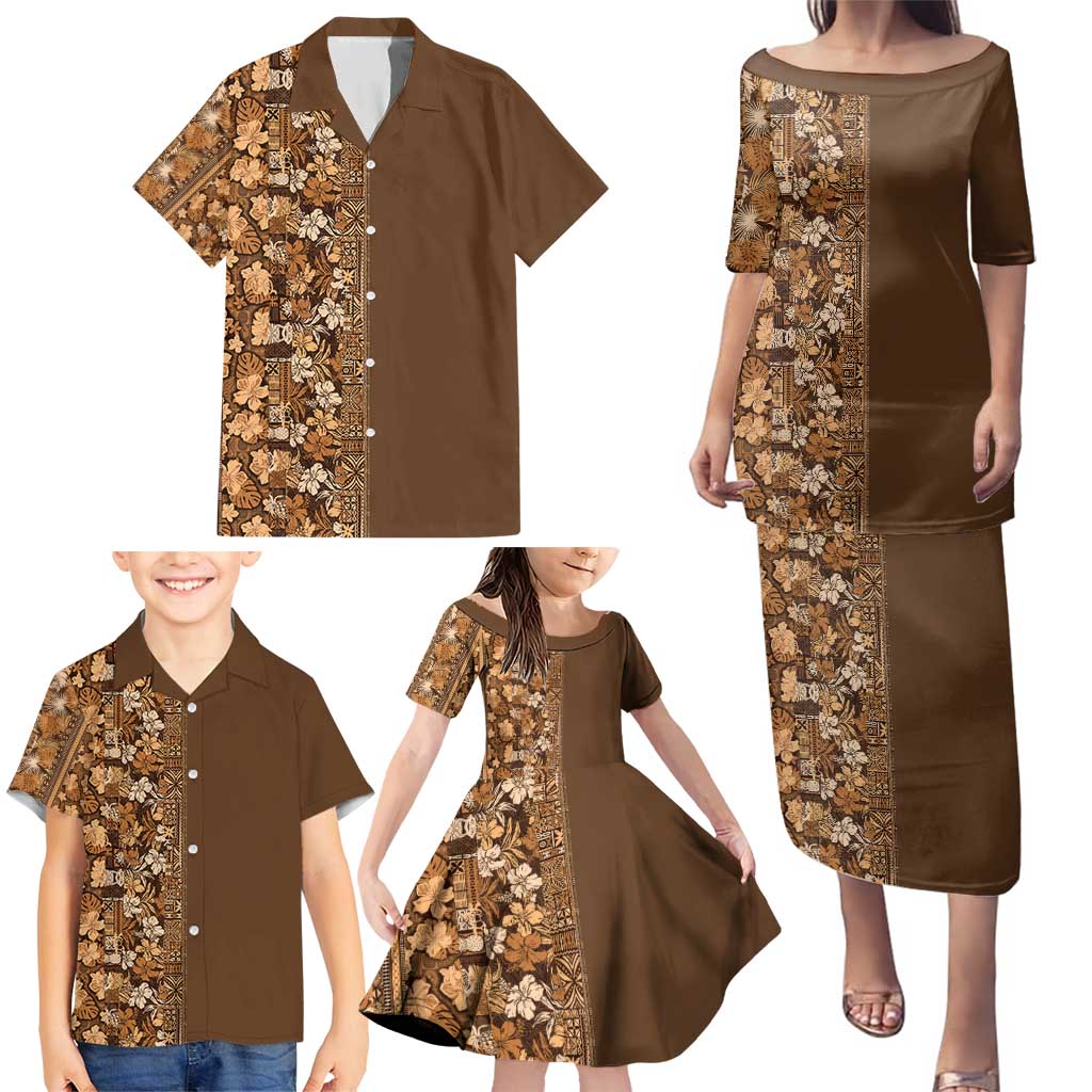 Hawaiian Tribal Elements Hibiscus Family Matching Puletasi and Hawaiian Shirt Gold Pattern LT9 - Polynesian Pride