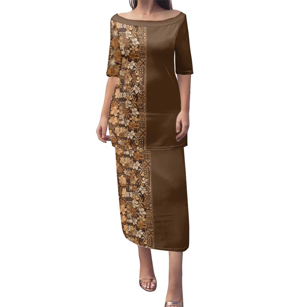 Hawaiian Tribal Elements Hibiscus Family Matching Puletasi and Hawaiian Shirt Gold Pattern - Polynesian Pride