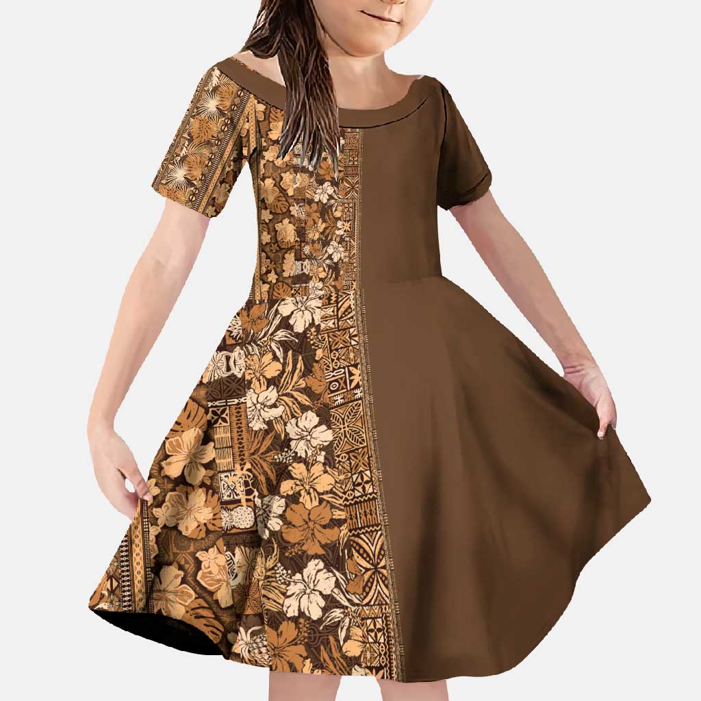 Hawaiian Tribal Elements Hibiscus Family Matching Short Sleeve Bodycon Dress and Hawaiian Shirt Gold Pattern - Polynesian Pride