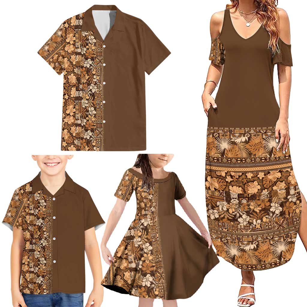 Hawaiian Tribal Elements Hibiscus Family Matching Summer Maxi Dress and Hawaiian Shirt Gold Pattern LT9 - Polynesian Pride