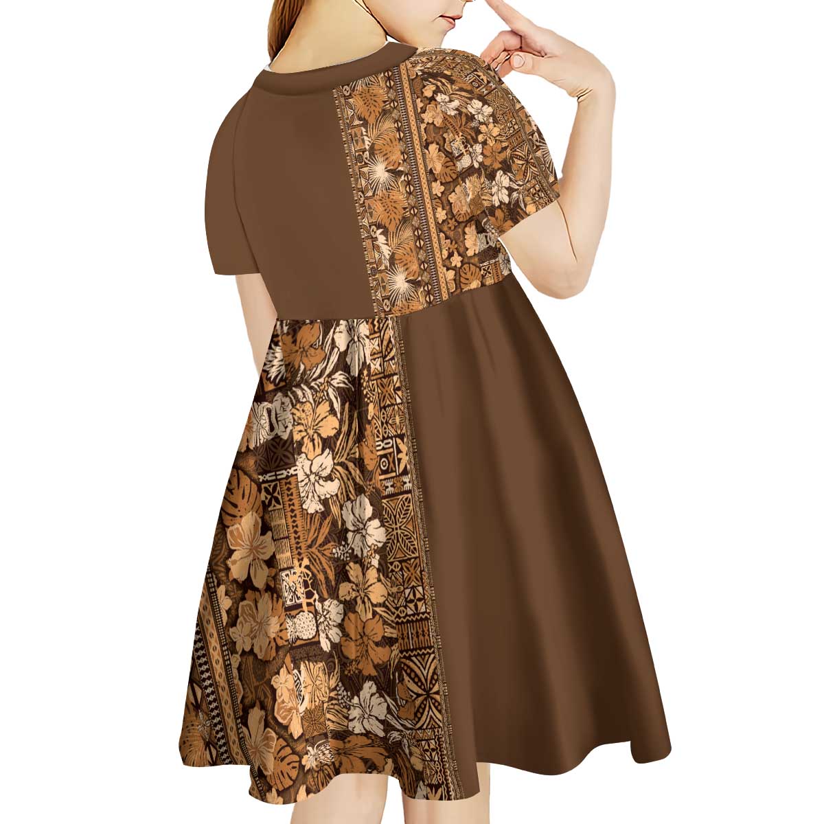 Hawaiian Tribal Elements Hibiscus Kid Short Sleeve Dress Gold Pattern - Polynesian Pride