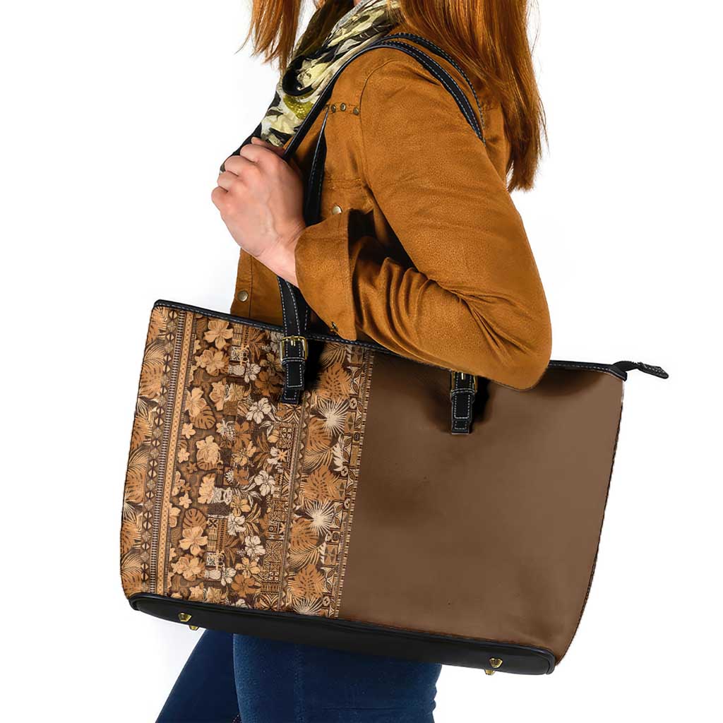 Hawaiian Tribal Elements Hibiscus Leather Tote Bag Gold Pattern - Polynesian Pride