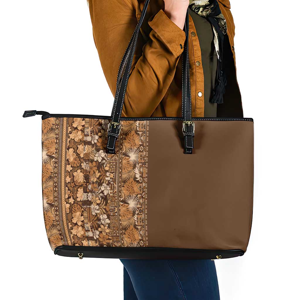Hawaiian Tribal Elements Hibiscus Leather Tote Bag Gold Pattern - Polynesian Pride