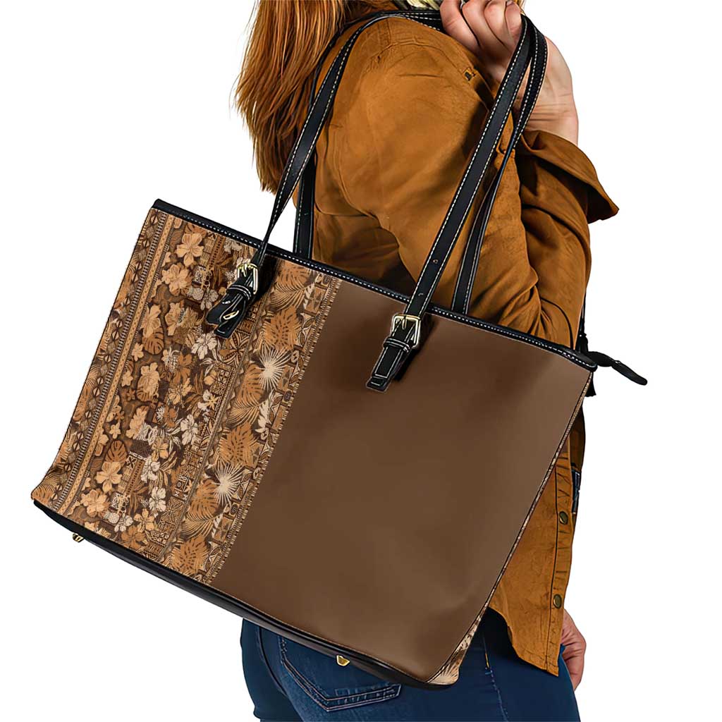 Hawaiian Tribal Elements Hibiscus Leather Tote Bag Gold Pattern - Polynesian Pride