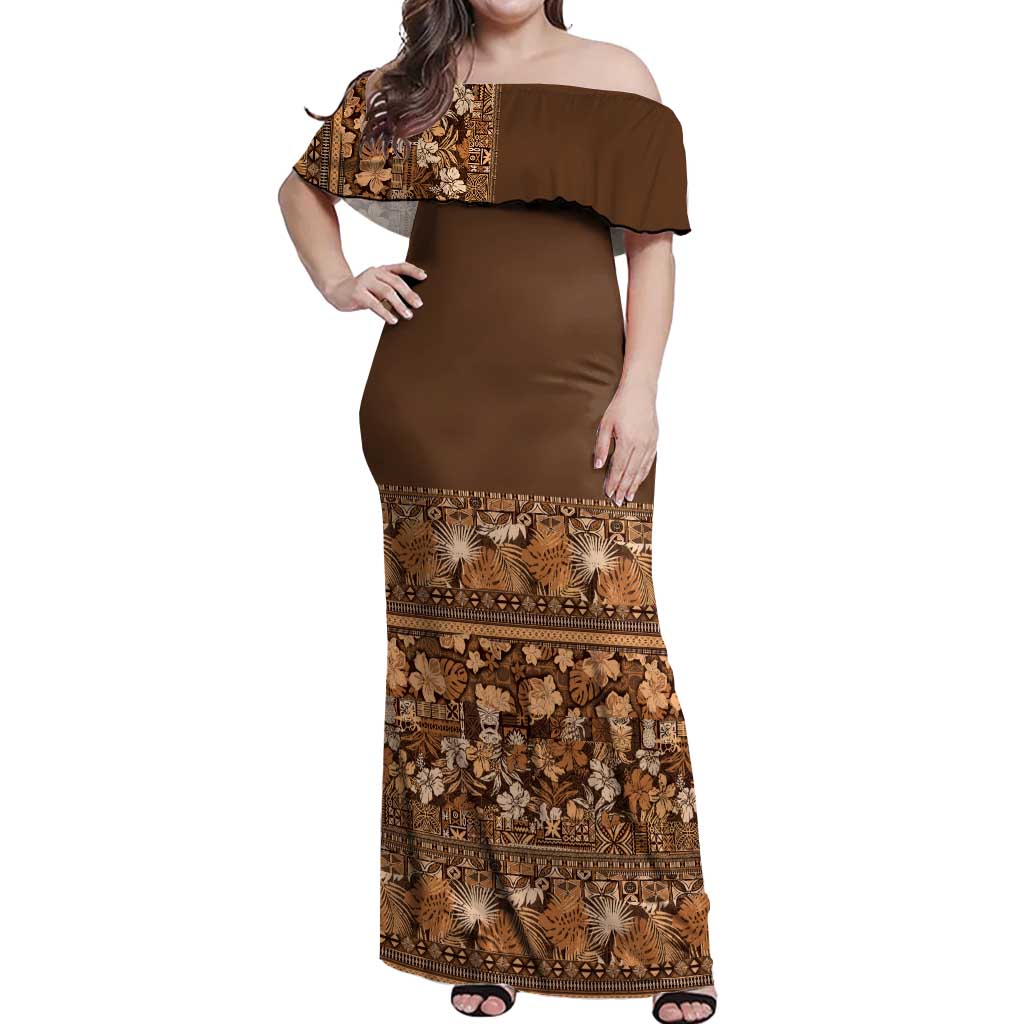 Hawaiian Tribal Elements Hibiscus Off Shoulder Maxi Dress Gold Pattern - Polynesian Pride