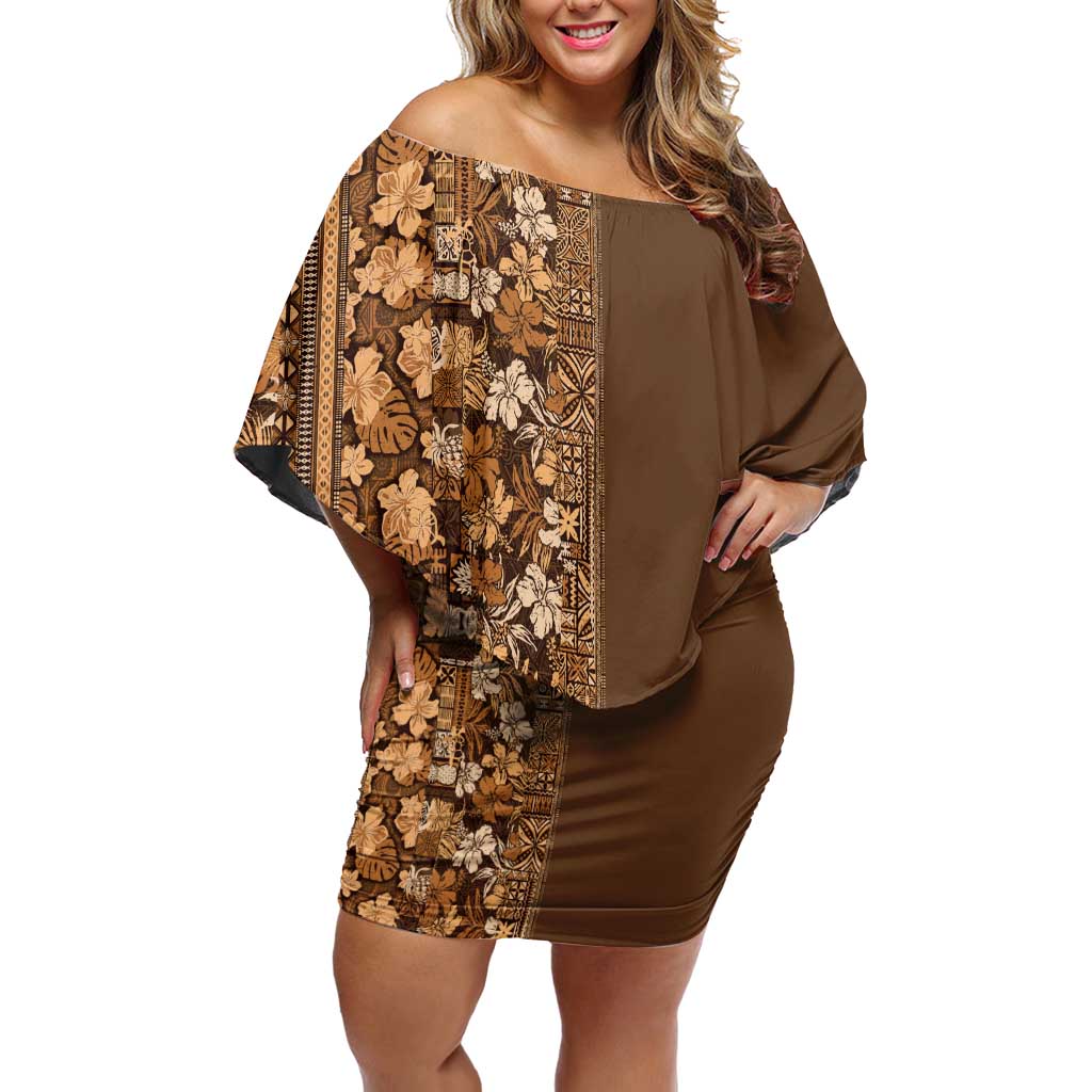 Hawaiian Tribal Elements Hibiscus Off Shoulder Short Dress Gold Pattern - Polynesian Pride
