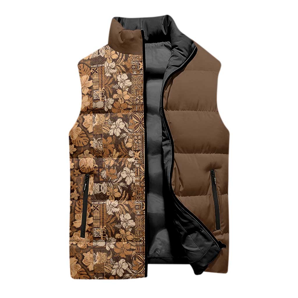 Hawaiian Tribal Elements Hibiscus Sleeveless Puffer Jacket Gold Pattern - Polynesian Pride