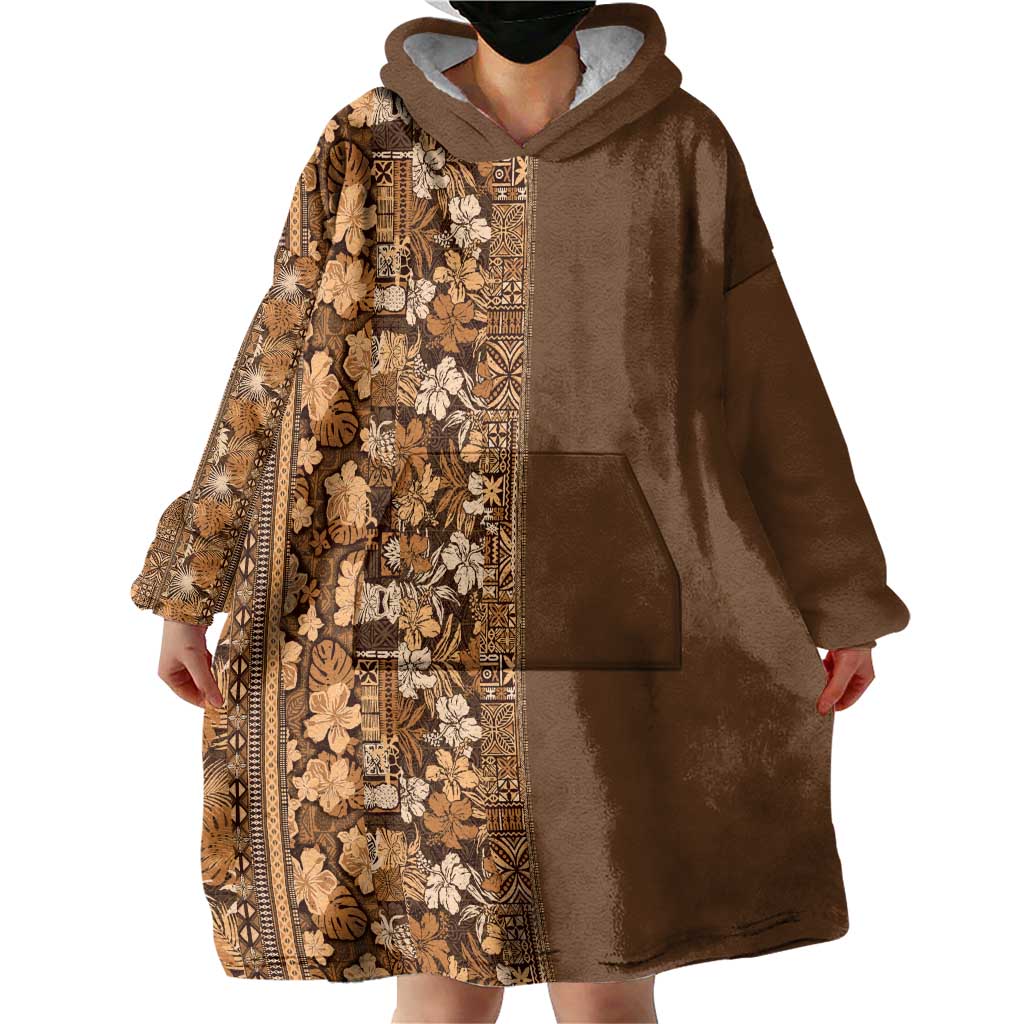 Hawaiian Tribal Elements Hibiscus Wearable Blanket Hoodie Gold Pattern - Polynesian Pride