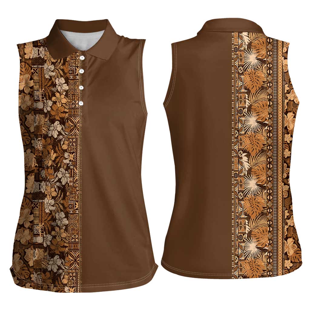Hawaiian Tribal Elements Hibiscus Women Sleeveless Polo Shirt Gold Pattern - Polynesian Pride