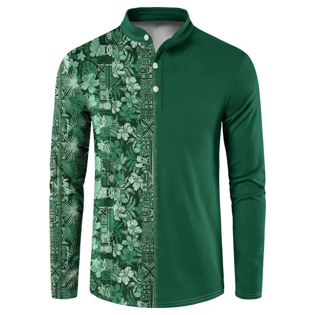 Hawaiian Tribal Elements Hibiscus Button Sweatshirt Green Pattern - Polynesian Pride