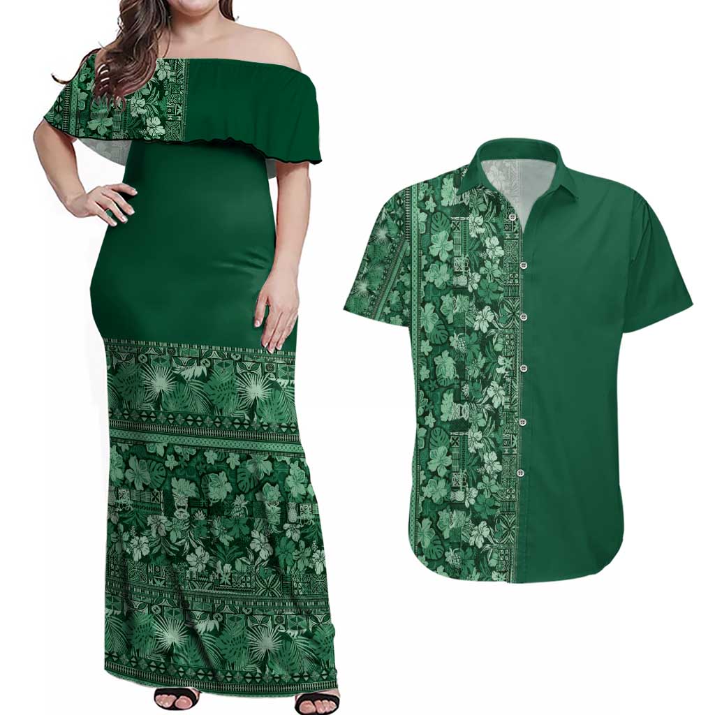 Hawaiian Tribal Elements Hibiscus Couples Matching Off Shoulder Maxi Dress and Hawaiian Shirt Green Pattern LT9 Green - Polynesian Pride