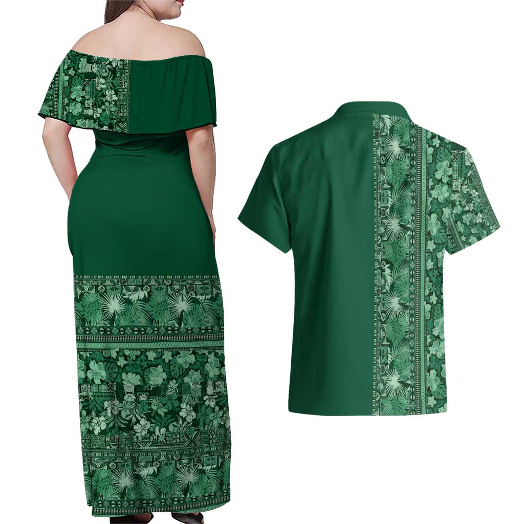 Hawaiian Tribal Elements Hibiscus Couples Matching Off Shoulder Maxi Dress and Hawaiian Shirt Green Pattern LT9 - Polynesian Pride