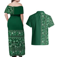 Hawaiian Tribal Elements Hibiscus Couples Matching Off Shoulder Maxi Dress and Hawaiian Shirt Green Pattern LT9 - Polynesian Pride