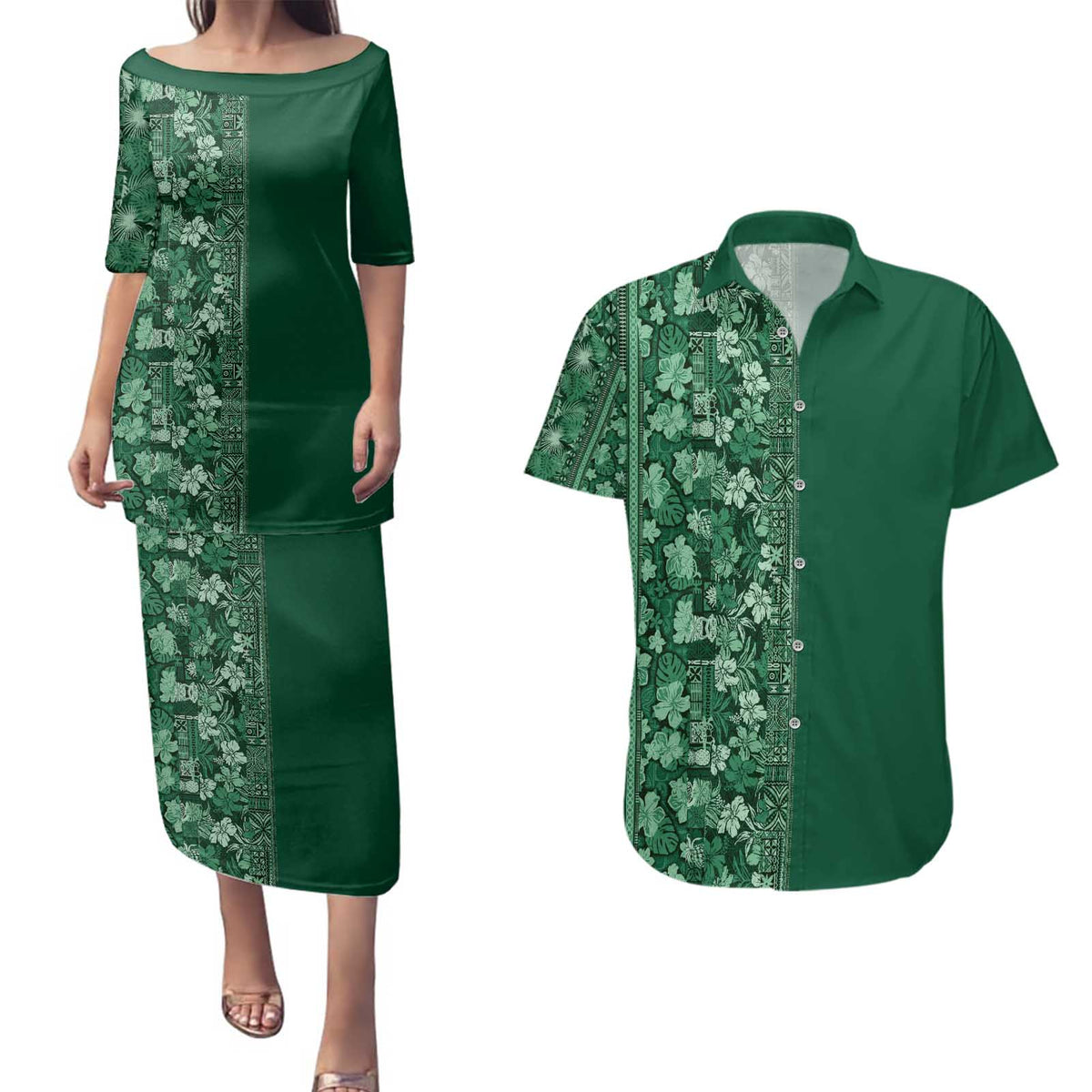 Hawaiian Tribal Elements Hibiscus Couples Matching Puletasi and Hawaiian Shirt Green Pattern - Polynesian Pride