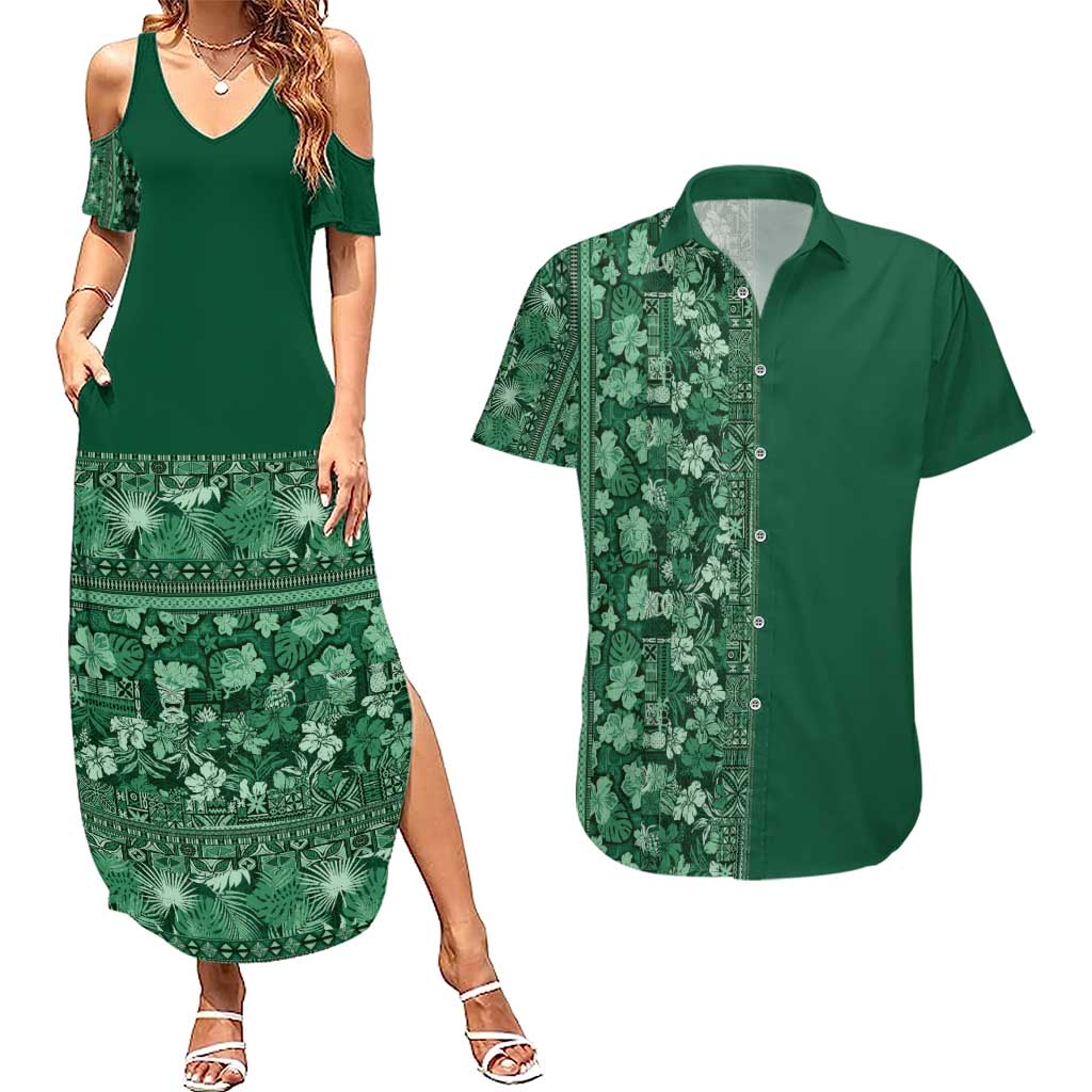 Hawaiian Tribal Elements Hibiscus Couples Matching Summer Maxi Dress and Hawaiian Shirt Green Pattern LT9 Green - Polynesian Pride